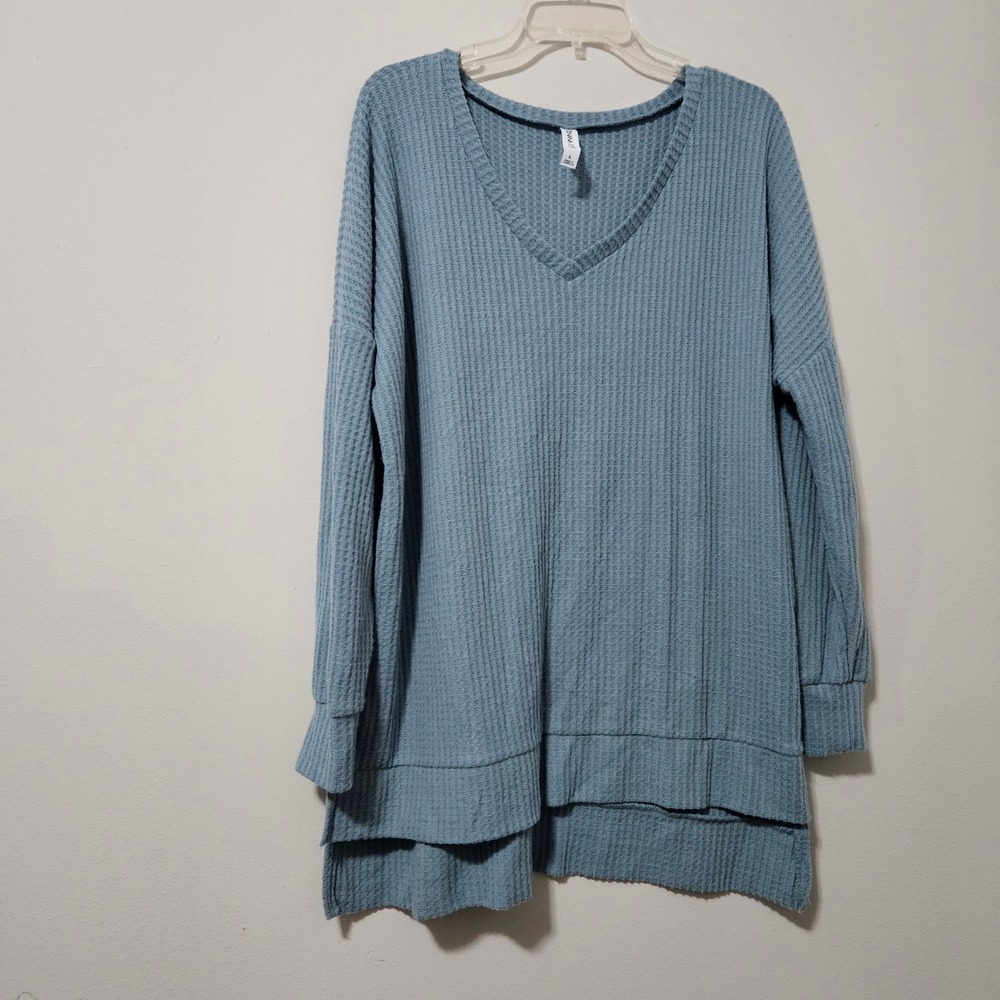 Zenana Outfitters Womens Waffle Knit V-Neck Tunic Top Blue Large